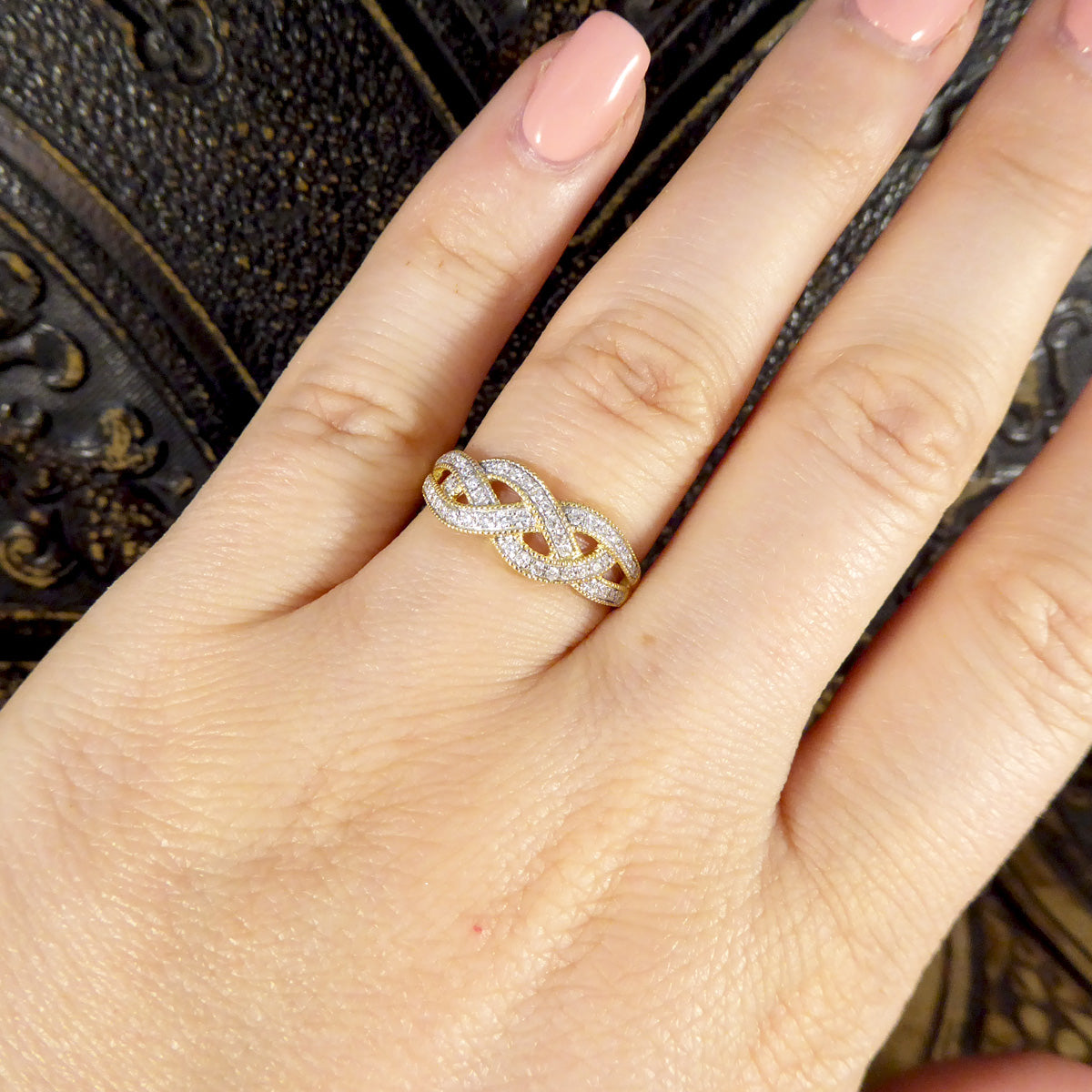 Diamond Set Milgrain Plait Half Eternity Ring in Yellow Gold - Wharfedale Antiques