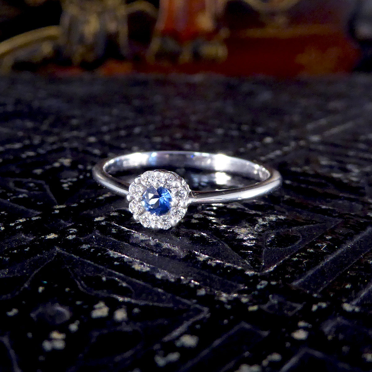 Sapphire and Diamond Circular Cluster Ring in 18ct White Gold - Wharfedale Antiques