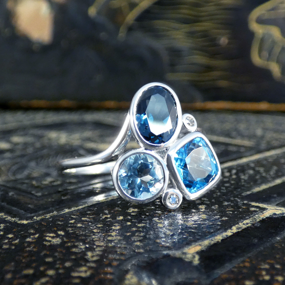 Trio of Blue Topaz and Diamond Cocktail Ring in White Gold - Wharfedale Antiques