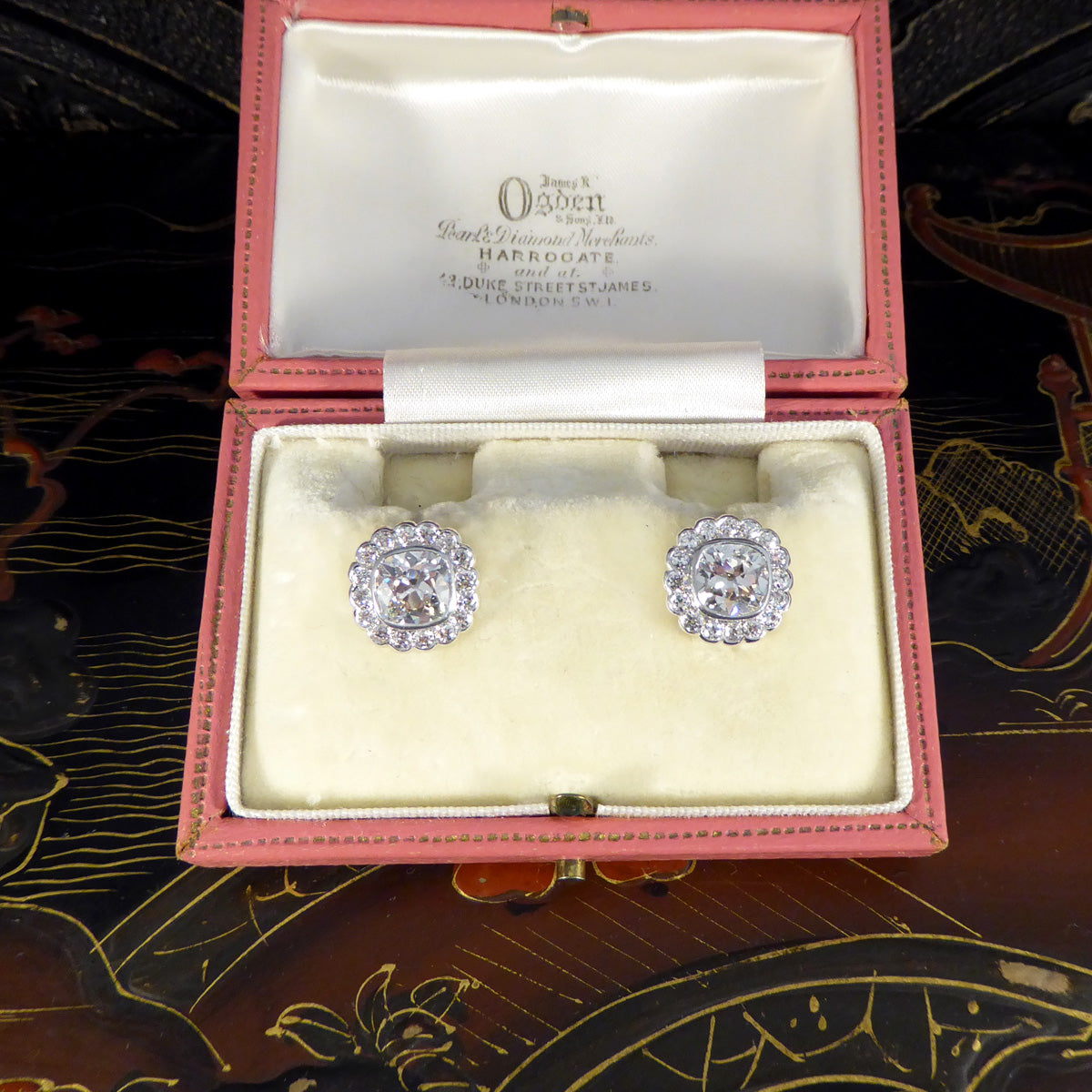 1940's Old Cushion Cut Daisy Cluster Stud Earrings in Platinum - Wharfedale Antiques