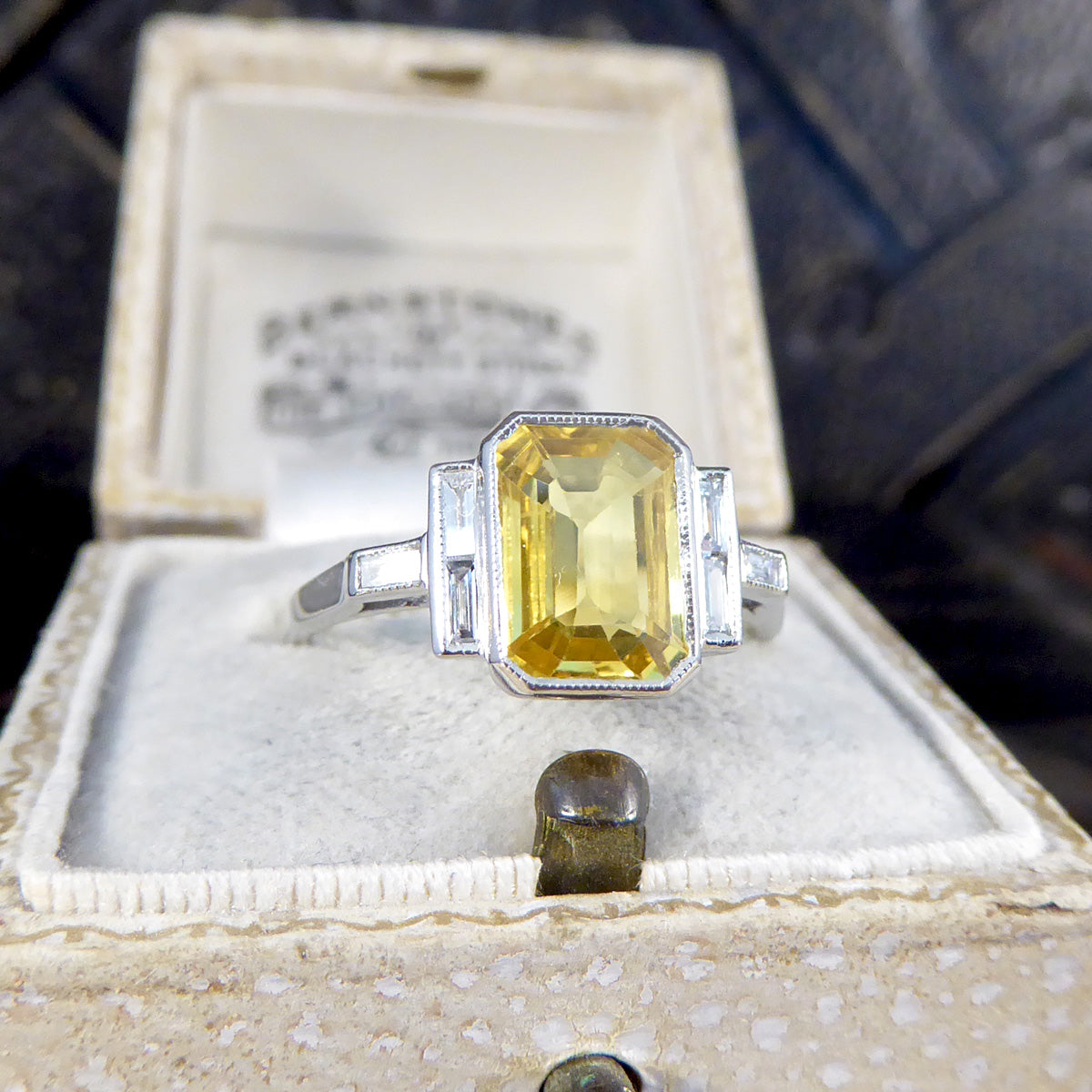 Art Deco Style Yellow Sapphire and Baguette Cut Diamond Ring in Platinum - Wharfedale Antiques