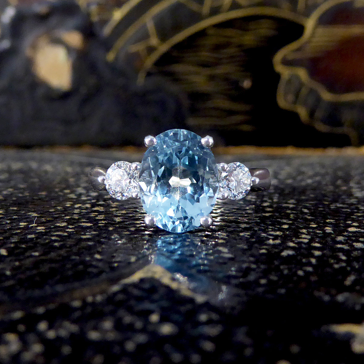 Classic 1.93ct Oval Cut Aquamarine and Diamond Three Stone Ring in Platinum - Wharfedale Antiques