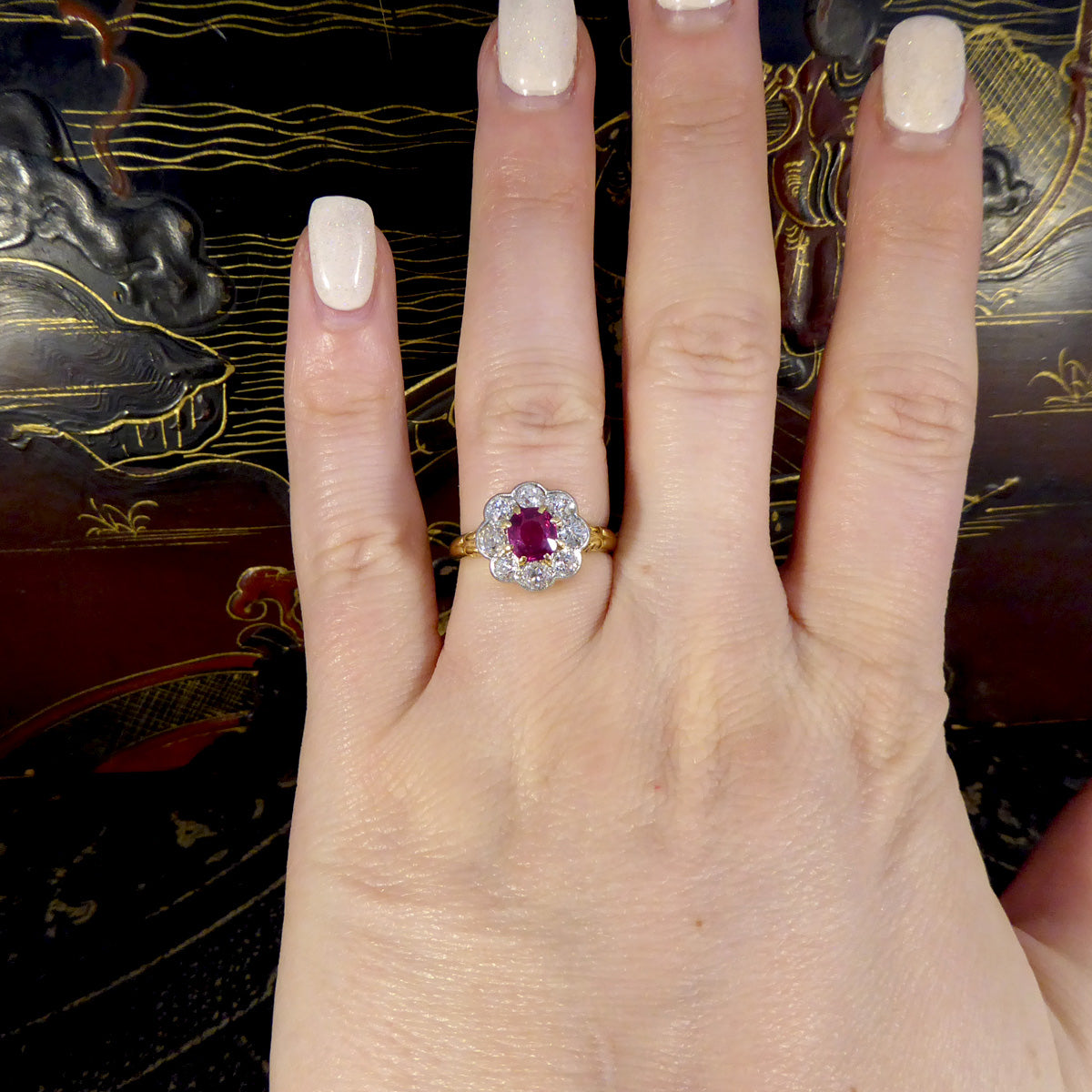 Late Victorian No Heat Burma Ruby and Diamond Cluster Ring in 18ct Yellow Gold - Wharfedale Antiques