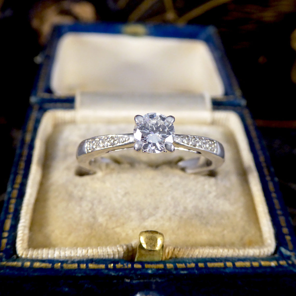 Classic Diamond Solitaire Engagement Ring with Diamond Shoulders in 18ct White Gold - Wharfedale Antiques