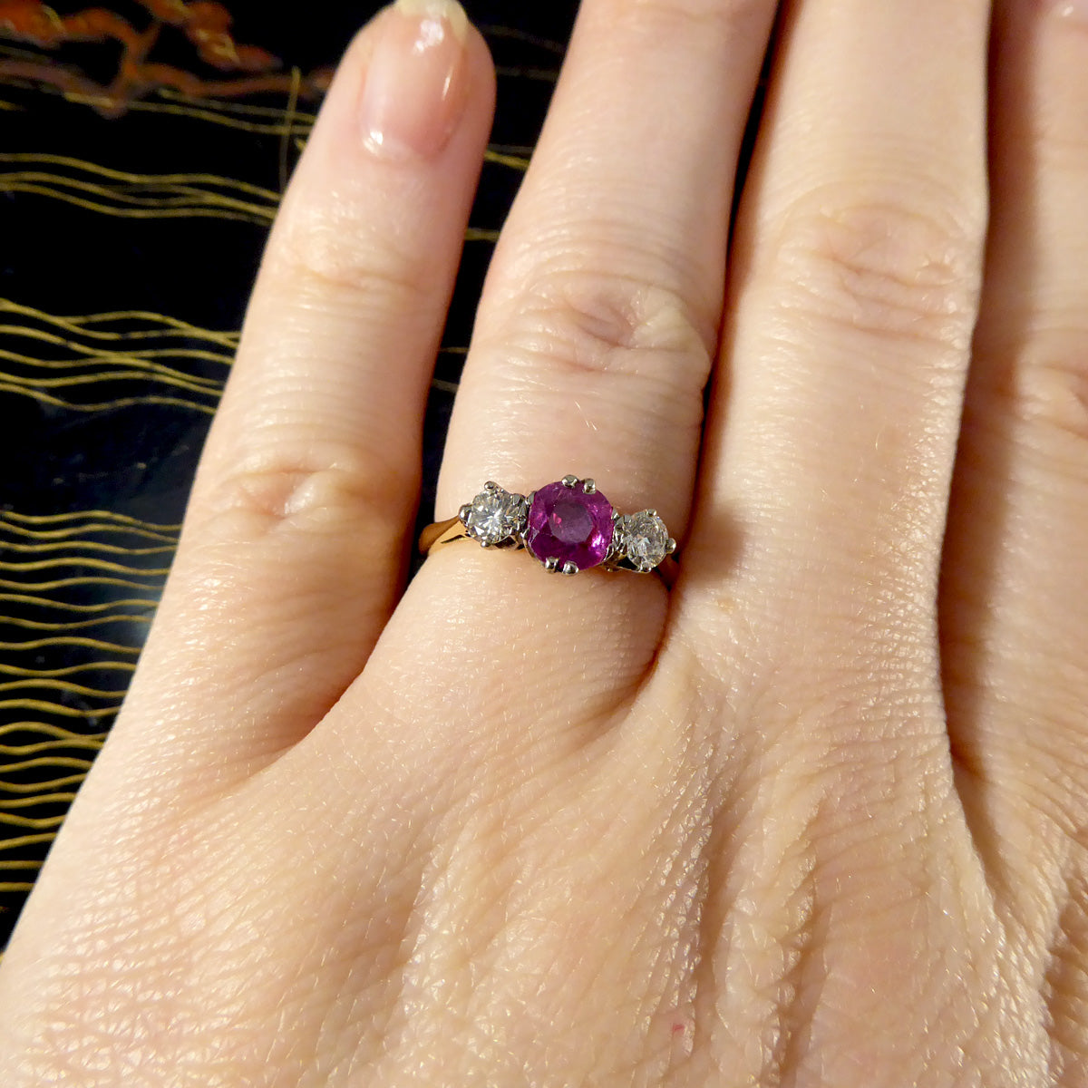 Early 20th Century Ruby and Diamond Three Stone Ring in 18ct Yellow Gold and Platinum - Wharfedale Antiques