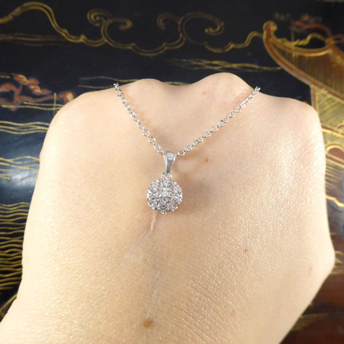 Diamond 2.00ct Illusion Cluster Pendant Necklace in White Gold - Wharfedale Antiques