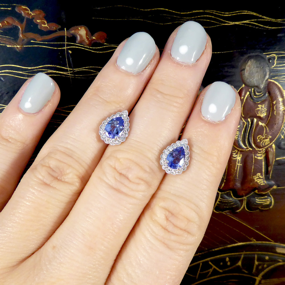 Pear Cut Tanzanite and Diamond Cluster Earrings in White Gold - Wharfedale Antiques