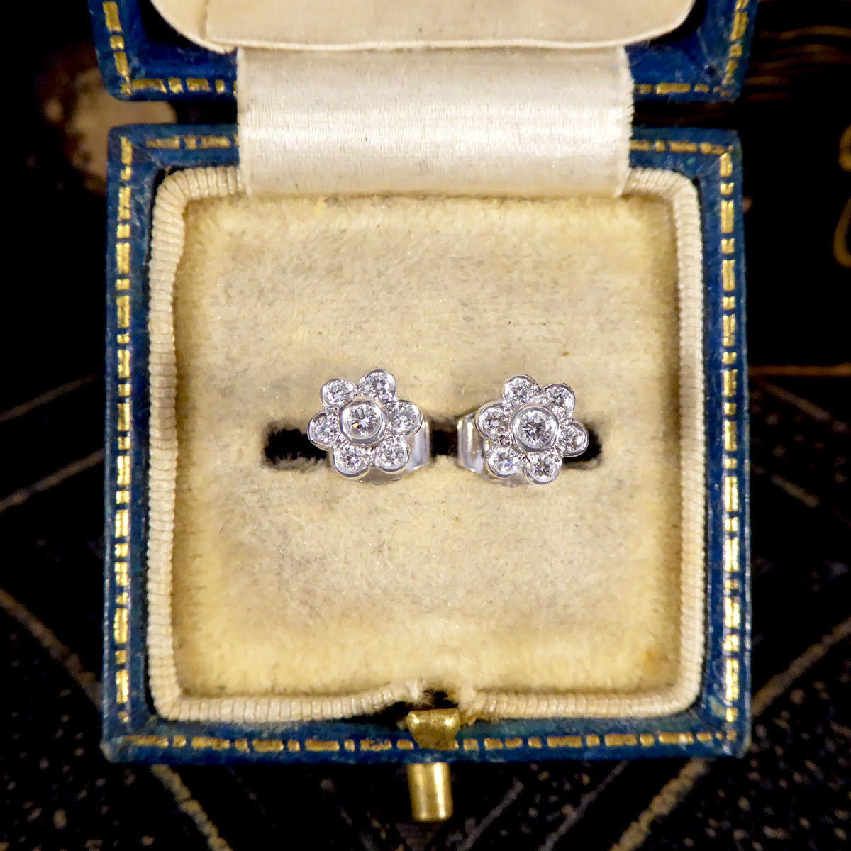 Diamond Flower Cluster Stud Earrings in 18ct White Gold - Wharfedale Antiques