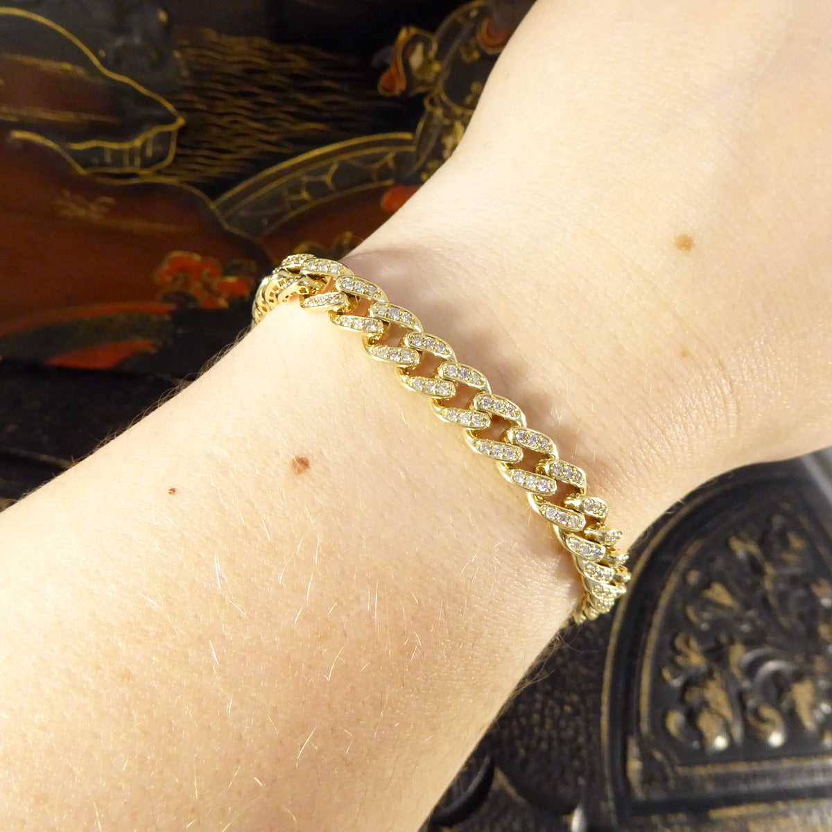 Modern Brilliant Cut Diamond Set Curb Bracelet in Yellow Gold - Wharfedale Antiques