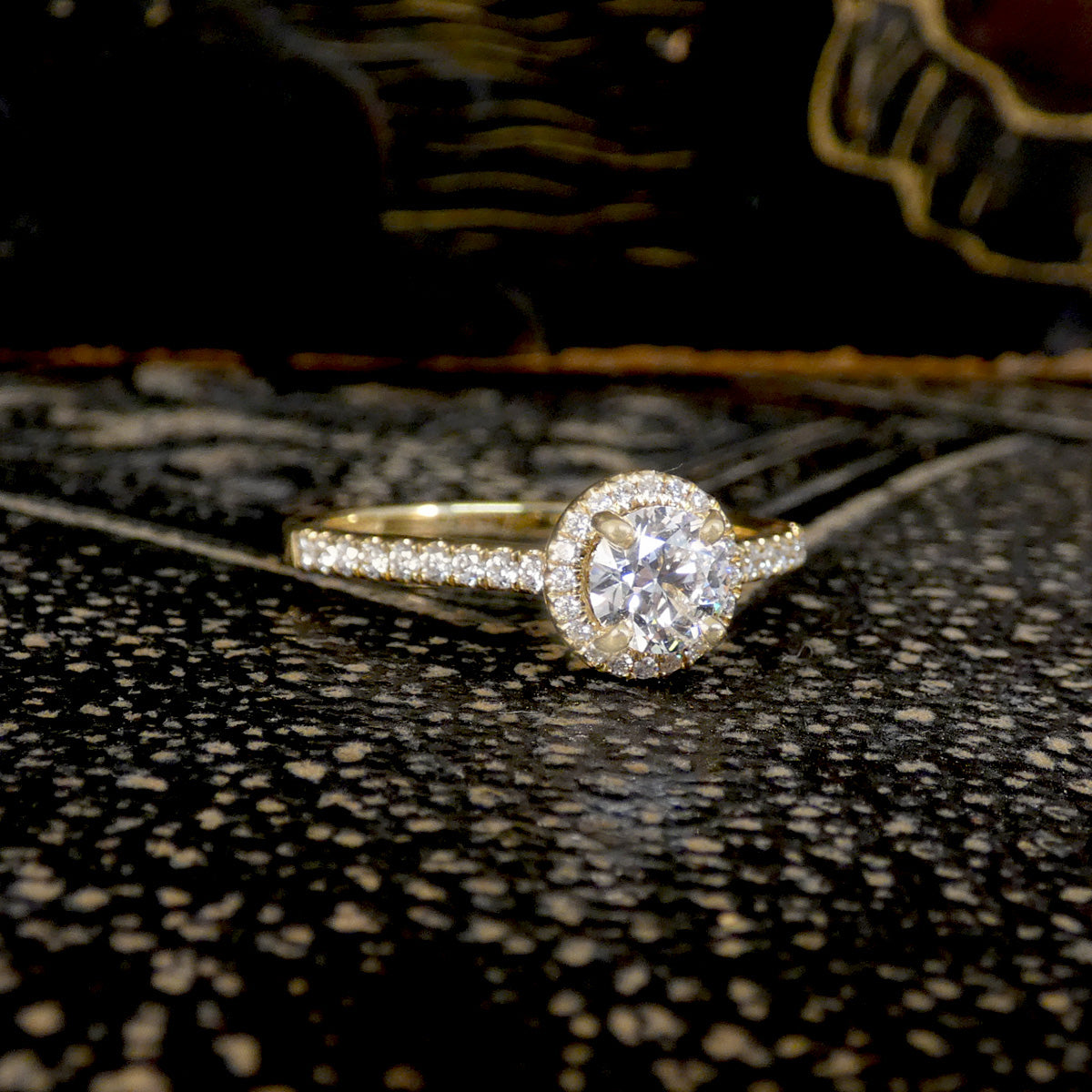 GIA Cert D Colour Diamond Halo Cluster Engagement Ring with Diamond Shoulders in 18ct Yellow Gold.