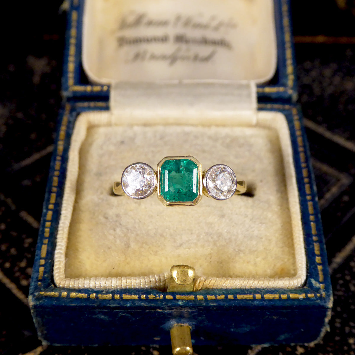 Emerald and Diamond Bezel Set Three Stone Ring in 18ct Yellow Gold and Platinum - Wharfedale Antiques