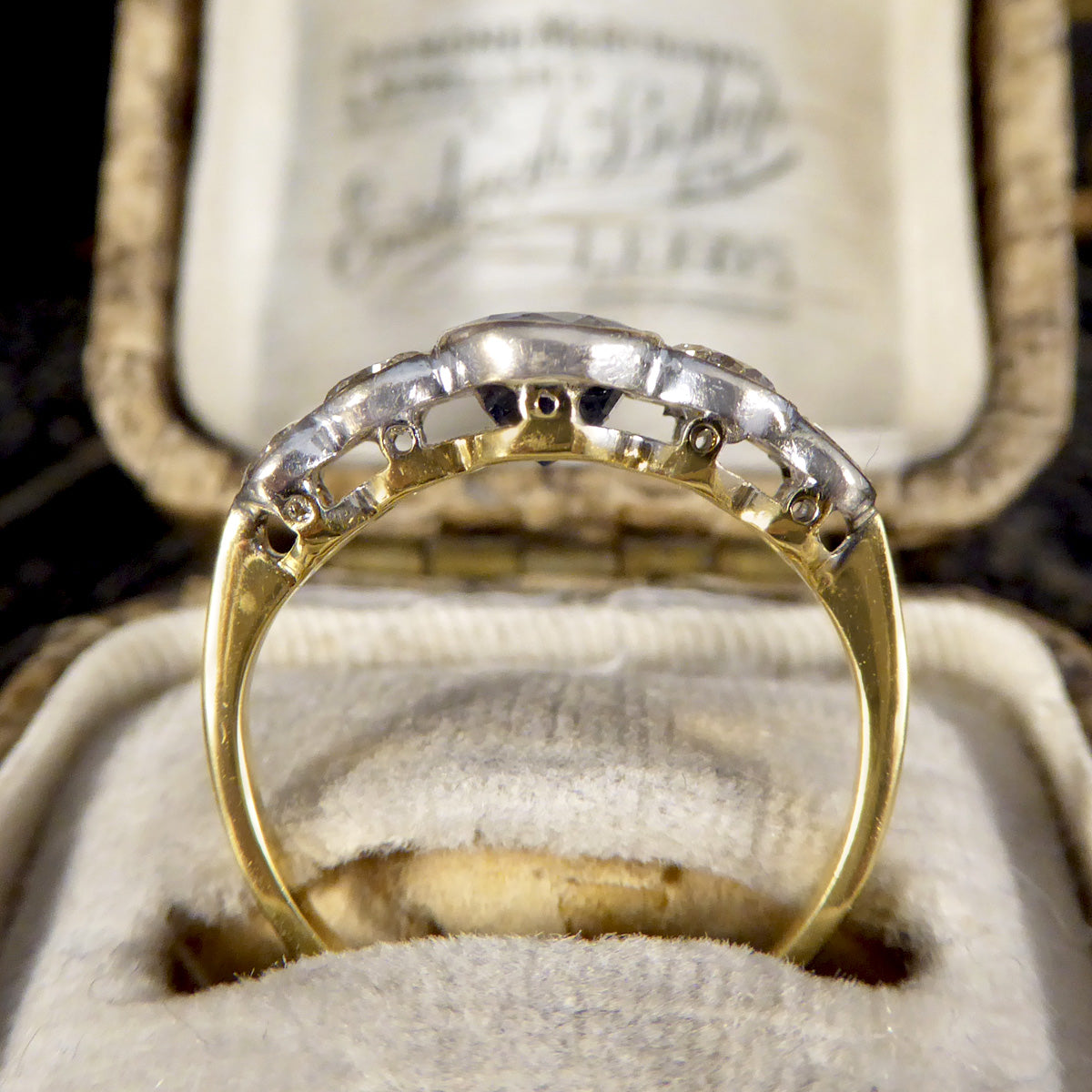 Edwardian Sapphire and Diamond Bezel Set Five Stone Ring in 18ct White and Yellow Gold - Wharfedale Antiques