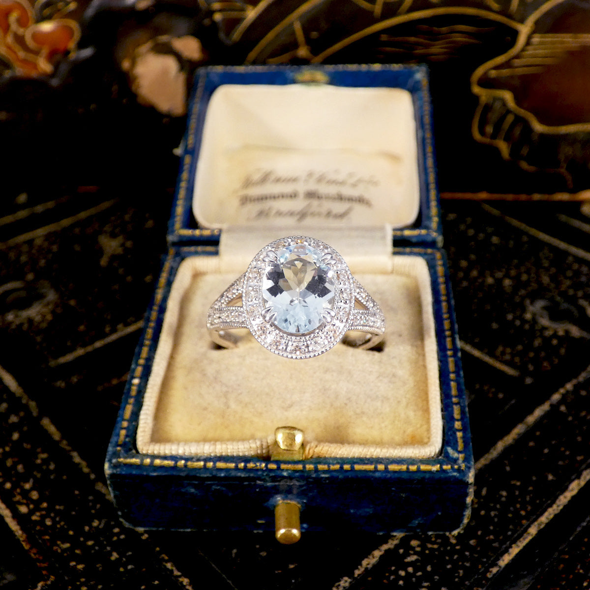 Aquamarine and Diamond Cluster Ring with Diamond Split Shoulder in White Gold - Wharfedale Antiques