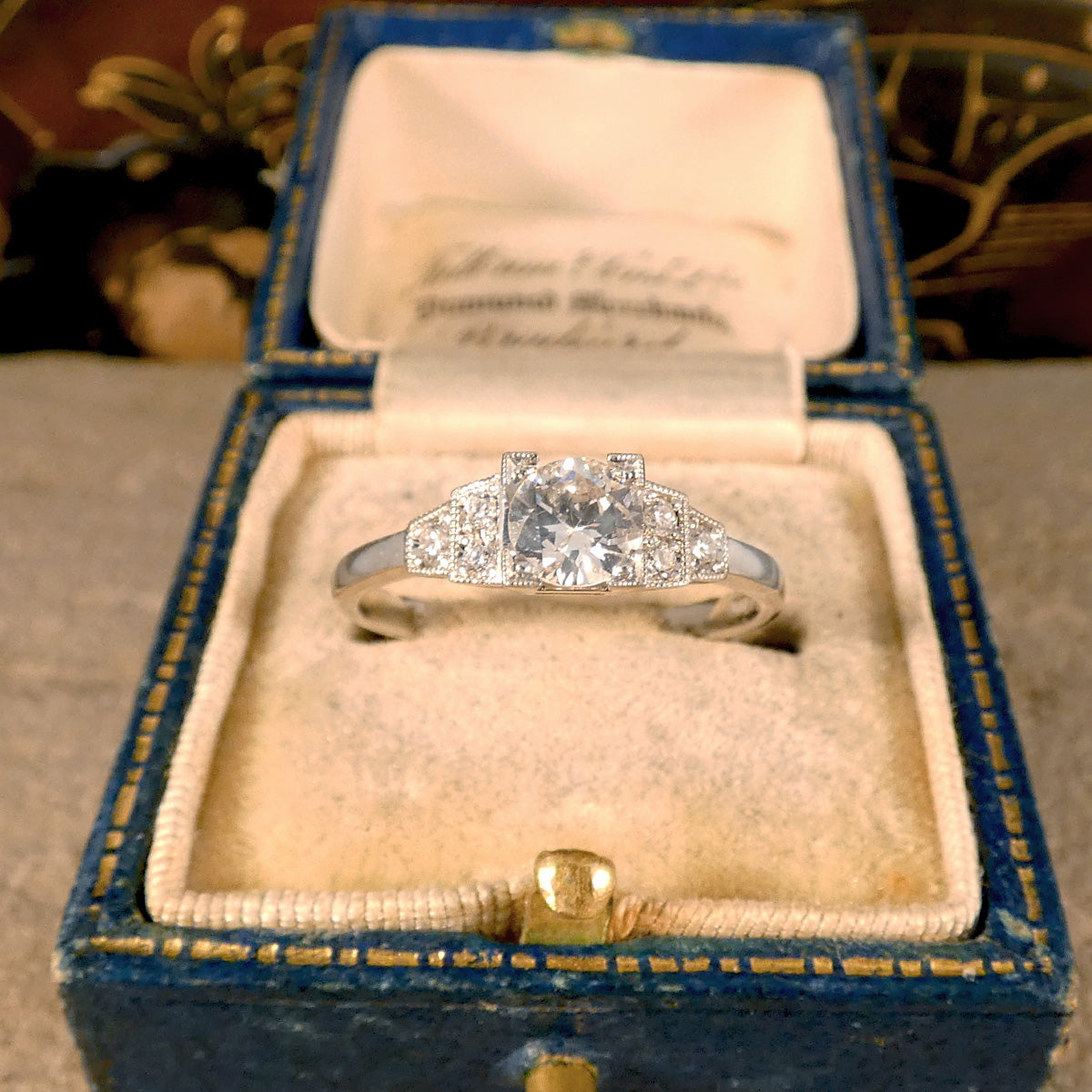 Art Deco Inspired Diamond Ring with Diamond Staged Shoulders in Platinum - Wharfedale Antiques