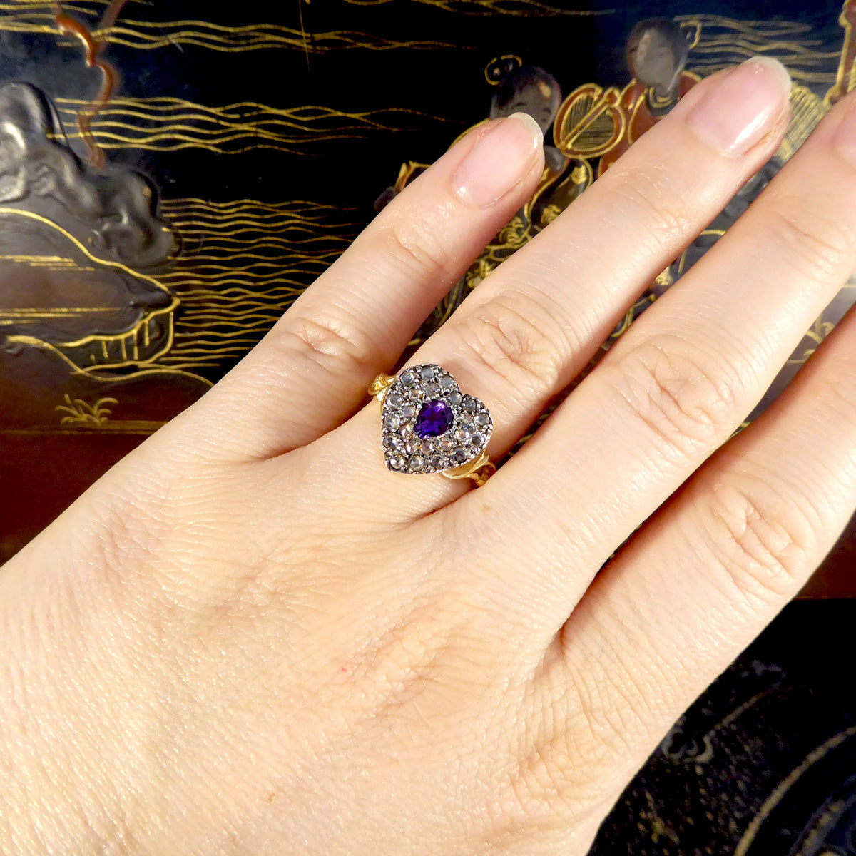 Early Victorian Style Amethyst and Rose Cut Diamond Heart Ring in 18ct Gold - Wharfedale Antiques