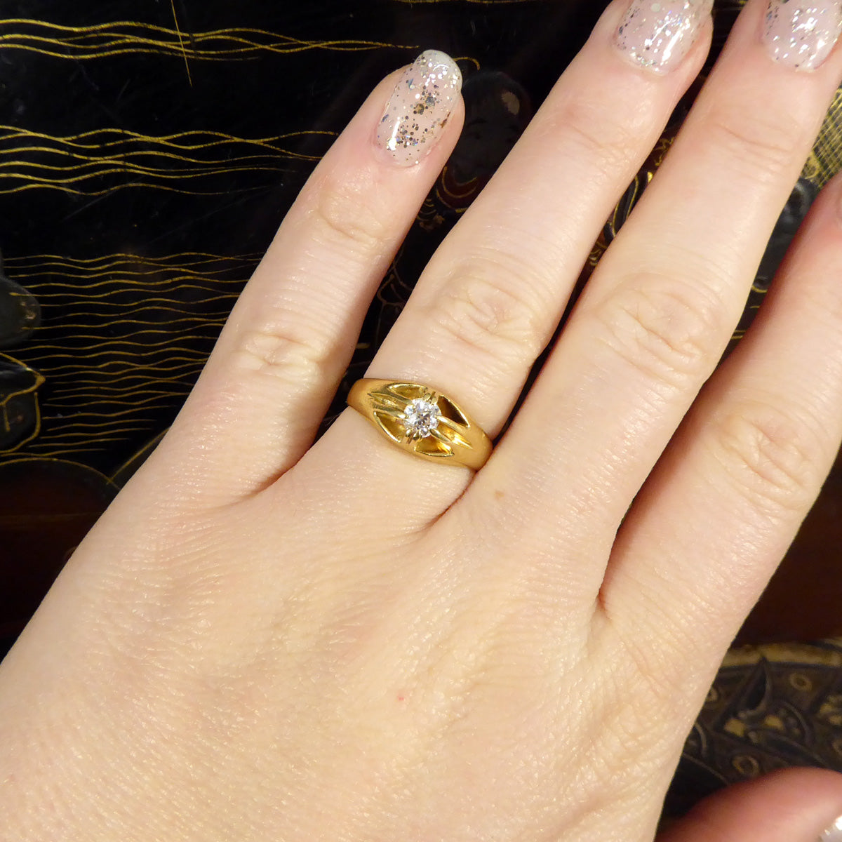 Late Victorian Old Cushion Cut Diamond Belcher Set Ring in 18ct Yellow Gold