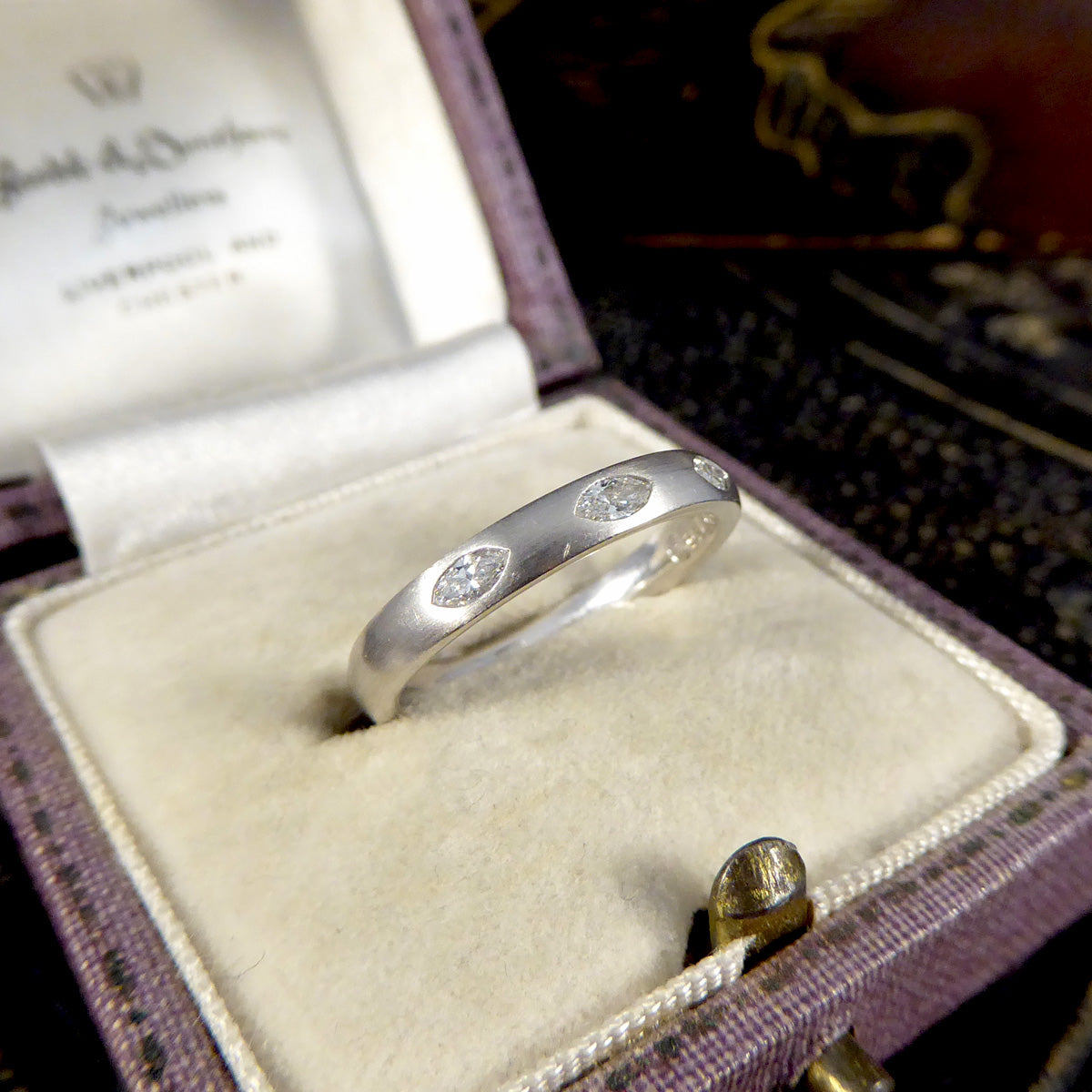 Marquise Diamond Set Brown and Newirth Ring in 18ct White Gold with Satin Matt Finish - Wharfedale Antiques