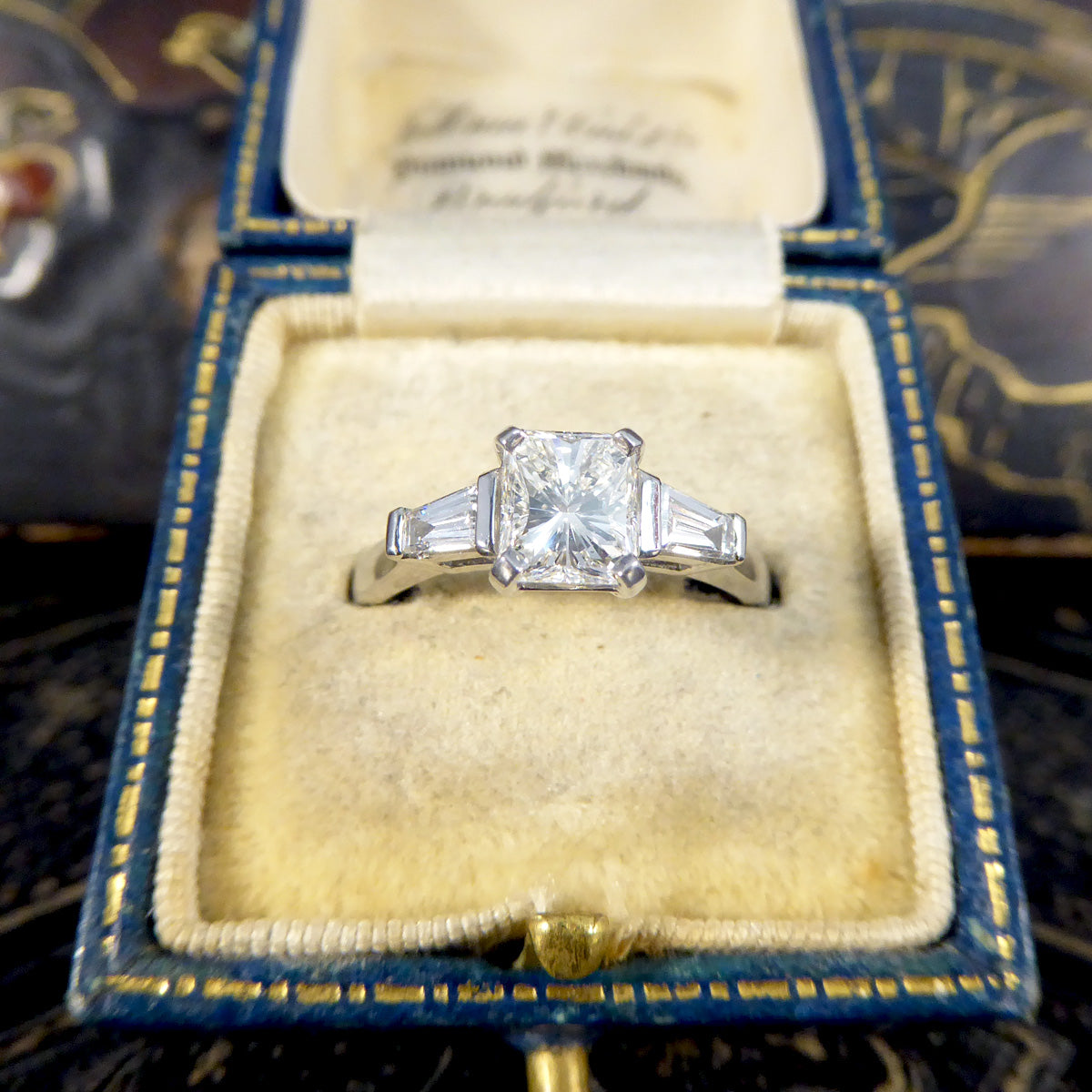 Radiant Cut Diamond Ring with Tapered Baguette Shoulder in Platinum - Wharfedale Antiques