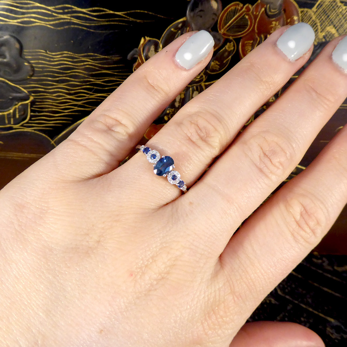 Unique Geometric Sapphire and Diamond Ring in 18ct White Gold - Wharfedale Antiques