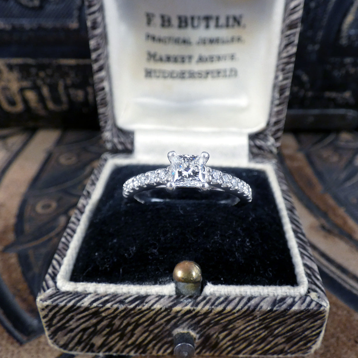 Princess Cut Diamond Solitaire Engagement Ring with Diamond Set Shoulders in Platinum - Wharfedale Antiques