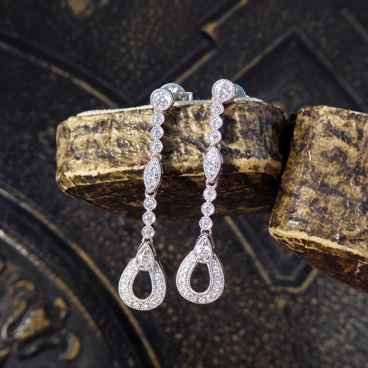 Diamond Set Pear Detailed Drop Earrings in White Gold - Wharfedale Antiques