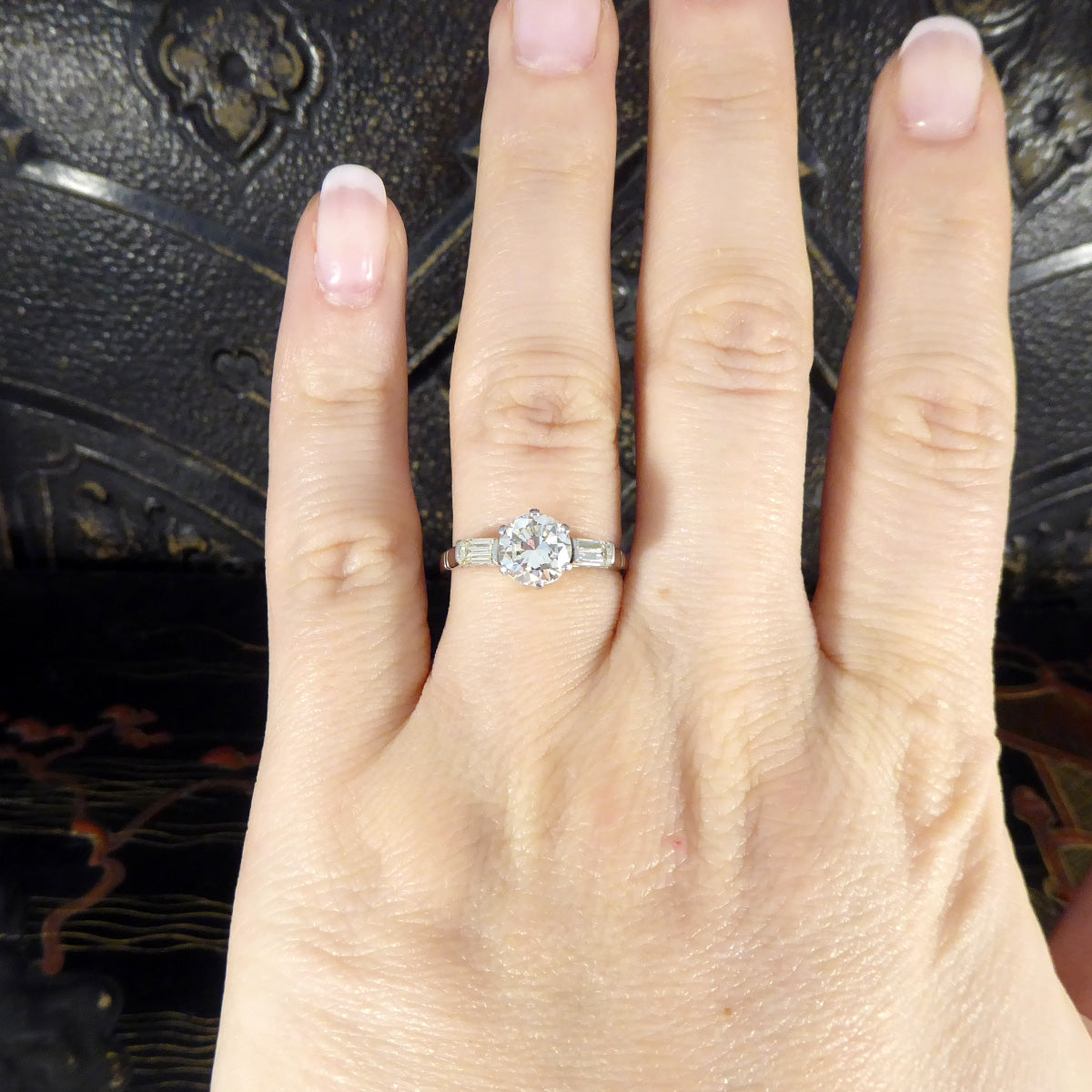 Art Deco 1.20ct Diamond Solitaire Engagement Ring with Baguette Cut Shoulders in Platinum - Wharfedale Antiques