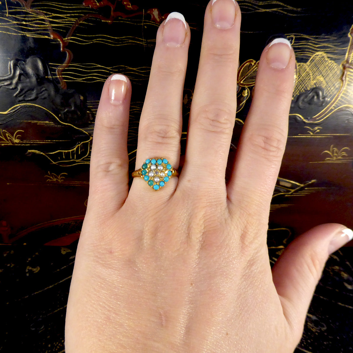 Victorian Heart Shaped Turquoise Seed Pearl and Diamond Cluster Ring in 18ct Yellow Gold - Wharfedale Antiques