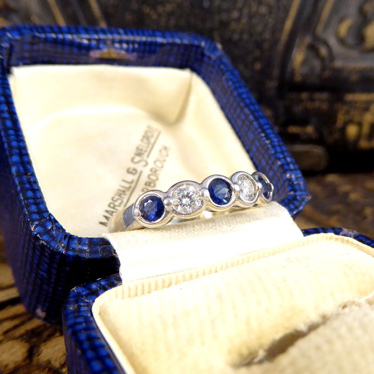 Sapphire and Diamond Bezel set Ring in 18ct White Gold - Wharfedale Antiques