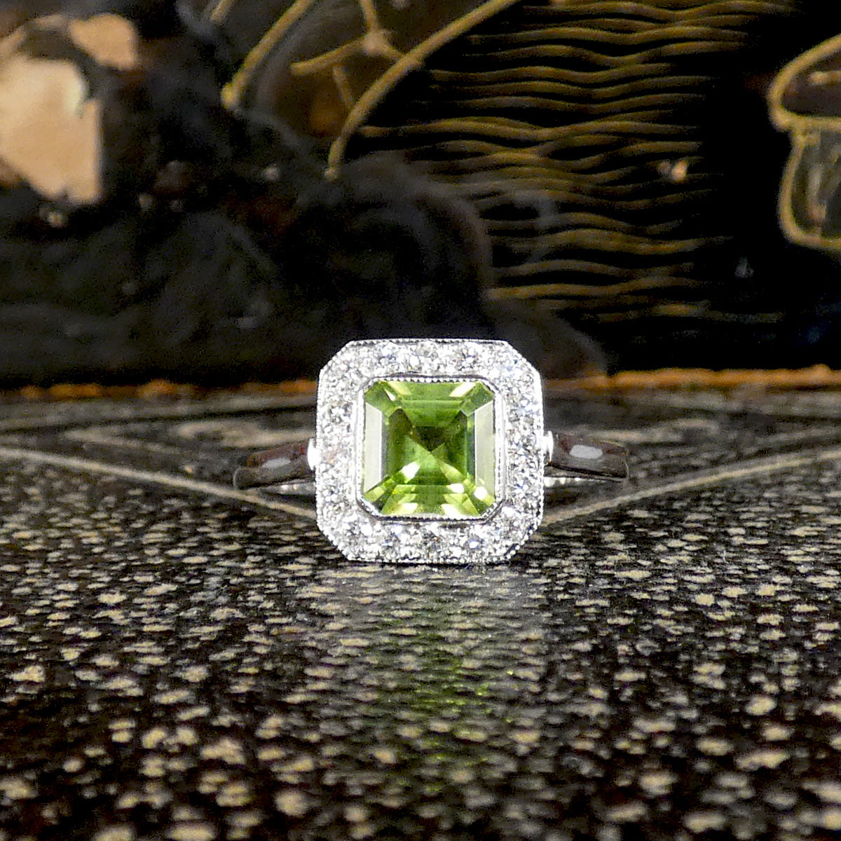 Art Deco Style Peridot and Diamond Cluster Ring in Platinum. The perfect gift and bright colourful play
