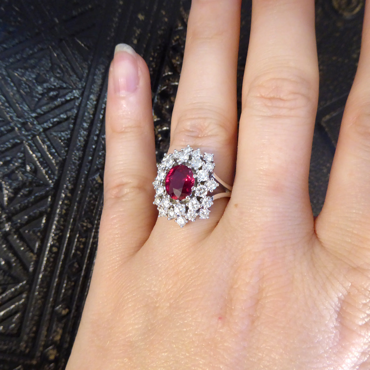 Contemporary 1.80ct No Heat Ruby and 1.28ct Diamond Double Cluster Ring in 18ct White Gold - Wharfedale Antiques
