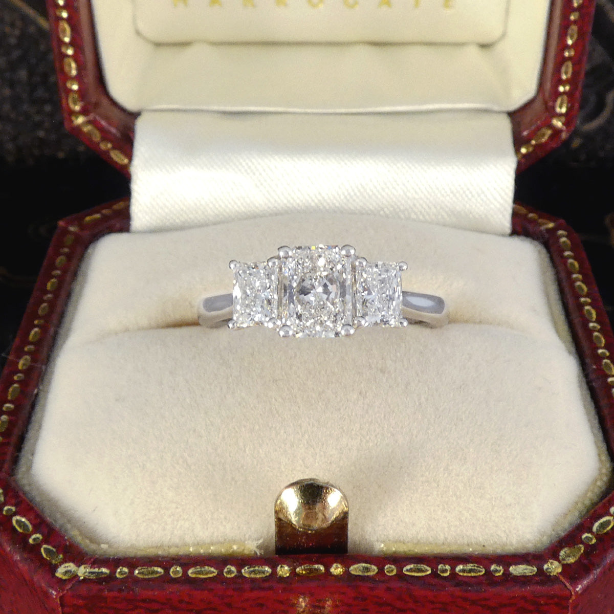 1.43ct Radiant Cut Diamond GIA Cert F/VS Three Stone Ring in Platinum - Wharfedale Antiques