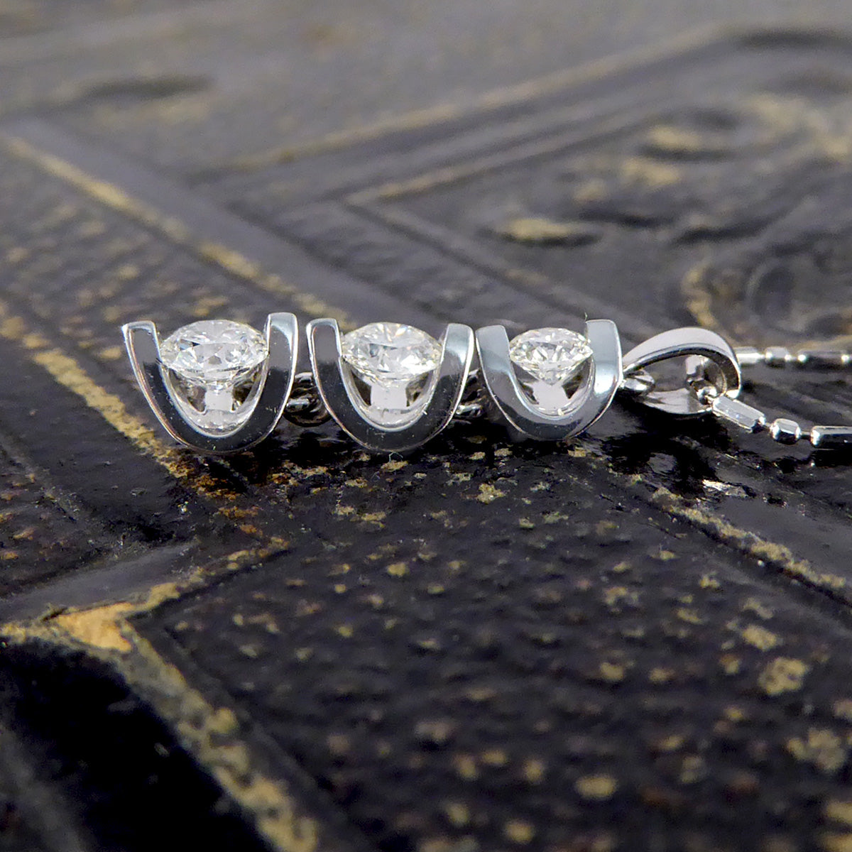 Diamond Graduating Three Stone Drop Pendant Necklace in 18ct White Gold - Wharfedale Antiques