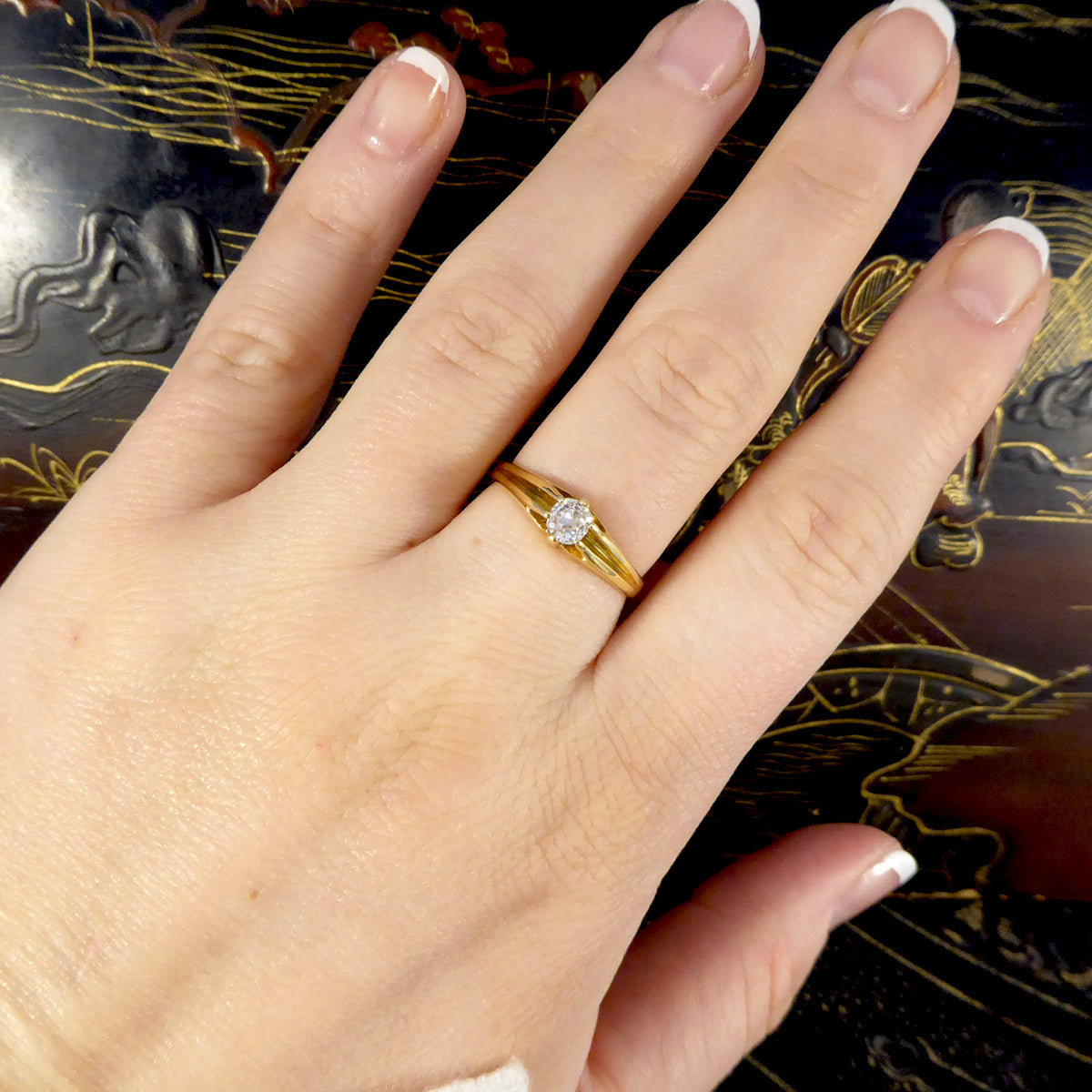 Late Victorian Old Cushion Cut Diamond Belcher set Ring in 18ct Yellow Gold - Wharfedale Antiques