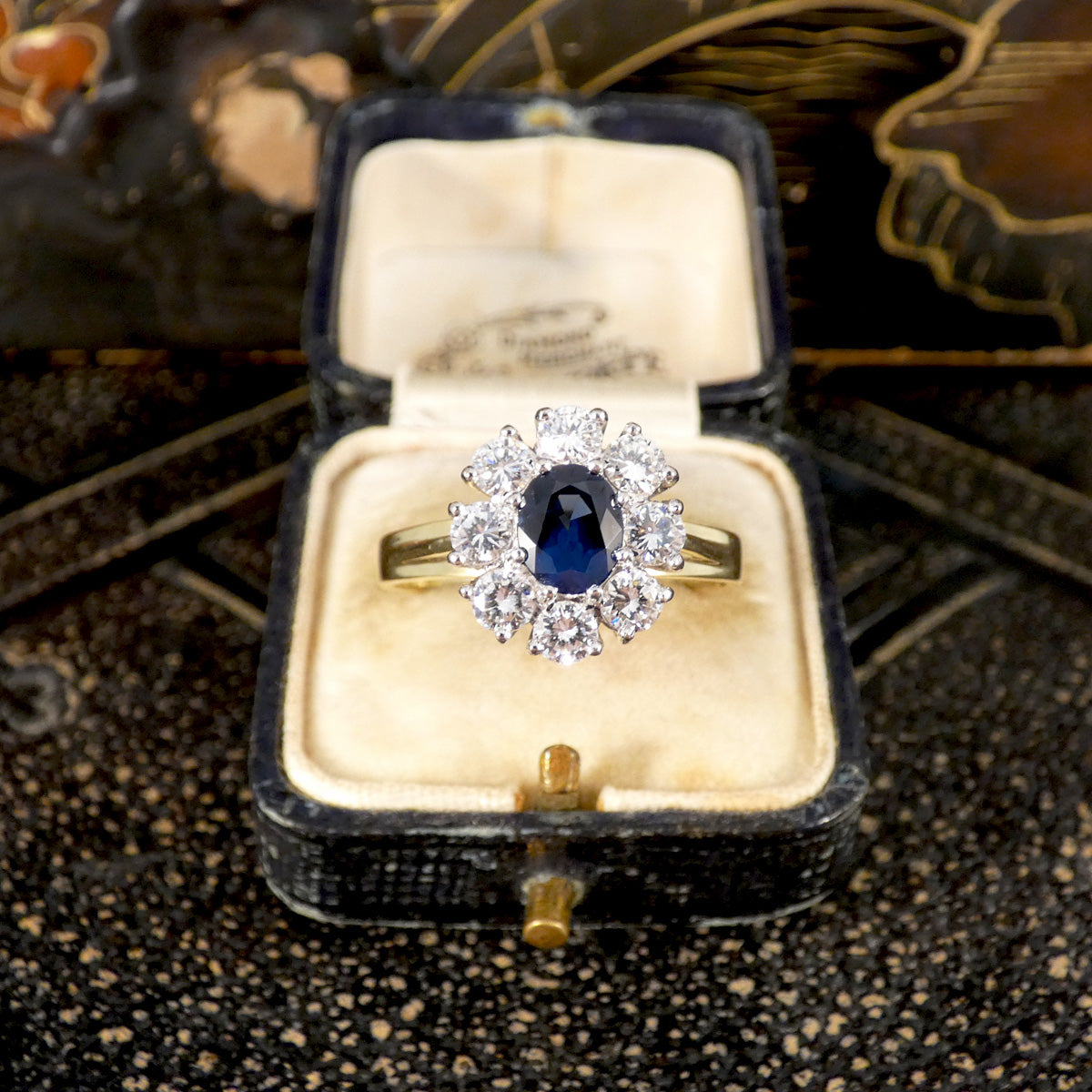 Sapphire and Diamond Oval Cluster Ring in 18ct Yellow and White Gold - Wharfedale Antiques