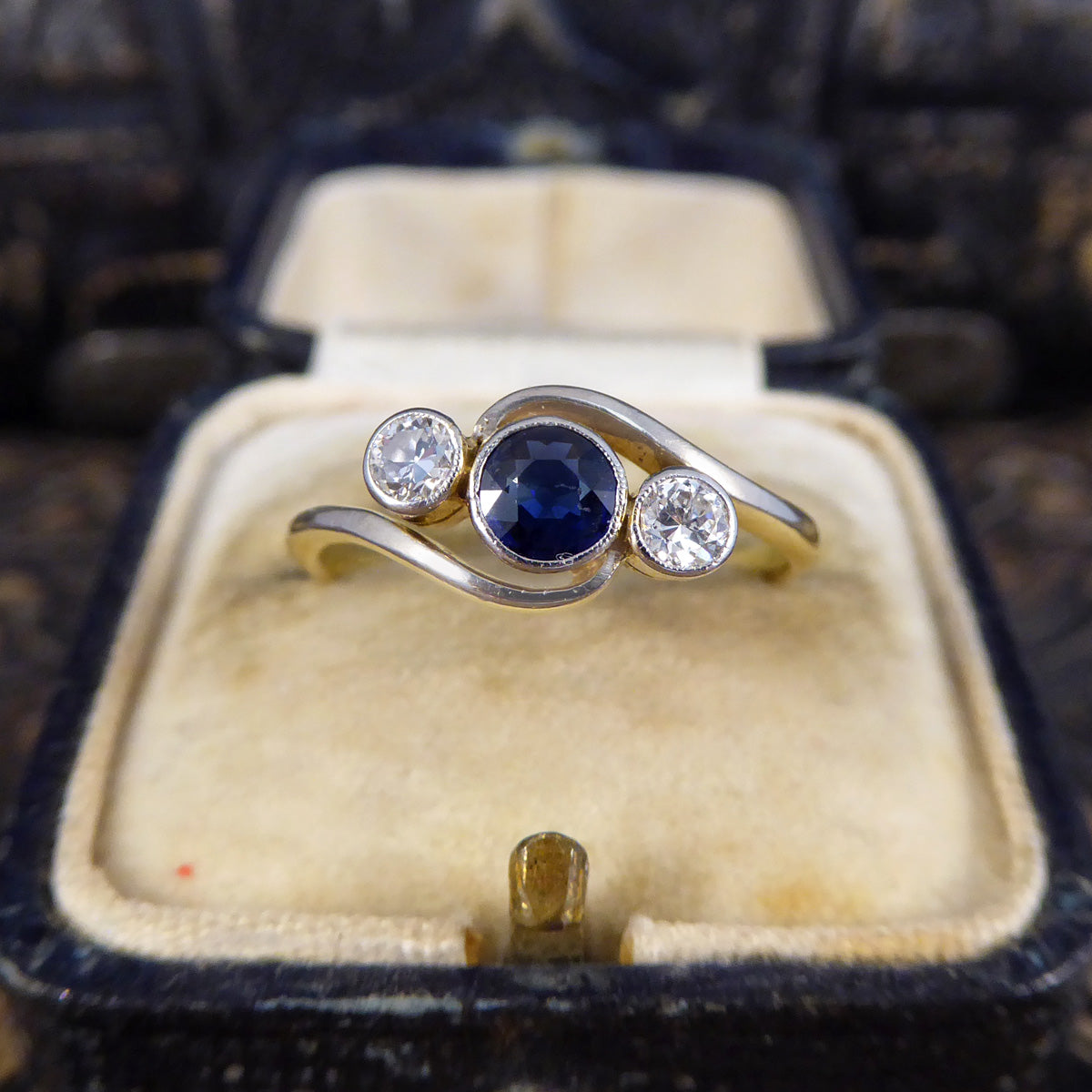 Edwardian Sapphire & Diamond Three Stone Crossover Ring in 18ct Gold and Platinum - Wharfedale Antiques