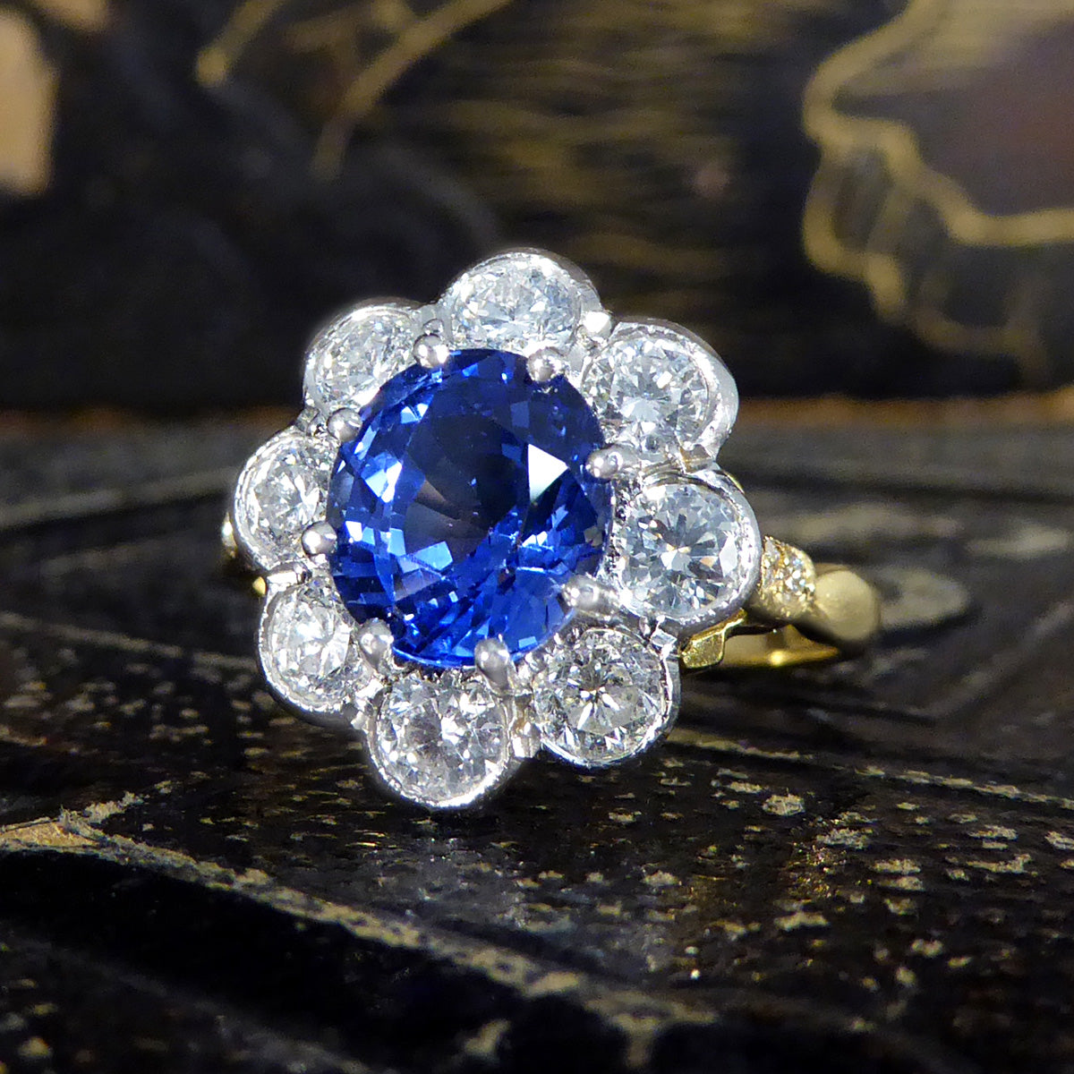 Edwardian Inspired 2.24ct Sapphire and Diamond Cluster Ring in 18ct Gold - Wharfedale Antiques