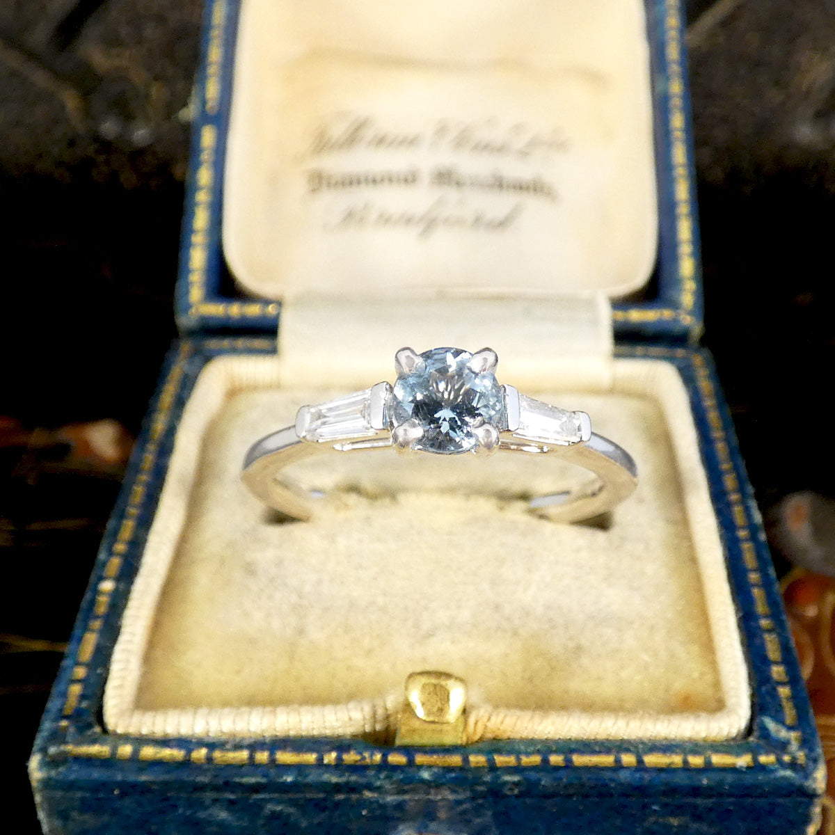 Aquamarine Solitaire with Tapered Baguette Diamond Shoulders in 18ct White Gold - Wharfedale Antiques
