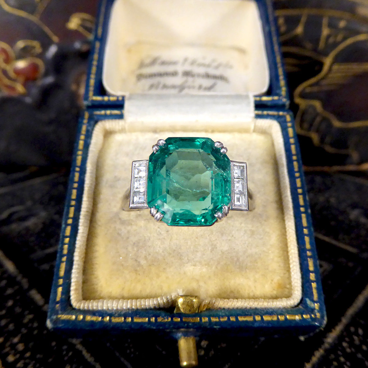 Bright 6.19ct Octagonal Cut Columbian Emerald and Diamond Ring in Platinum with Gem Cert - Wharfedale Antiques