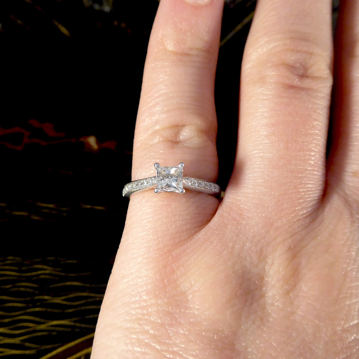 Princess Cut Diamond Engagement Ring with Diamond Set Shoulders in Platinum - Wharfedale Antiques