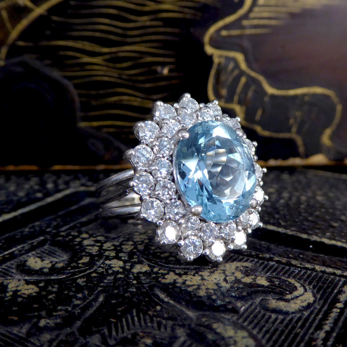 4.30ct Aquamarine and Diamond Double Cluster Ring in 18ct White Gold - Wharfedale Antiques