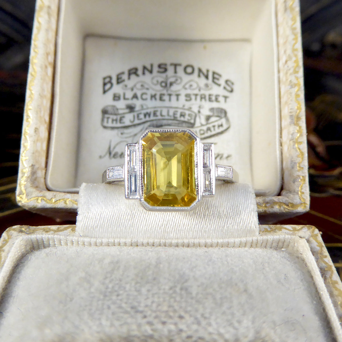 Art Deco Style Yellow Sapphire and Baguette Cut Diamond Ring in Platinum - Wharfedale Antiques