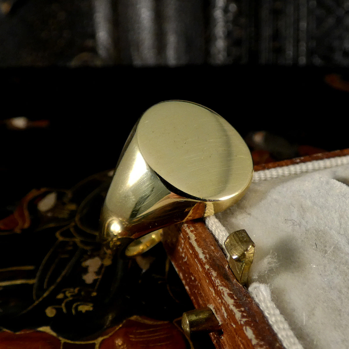 Solid Gold Signet Ring in 18ct Yellow Gold on ring box