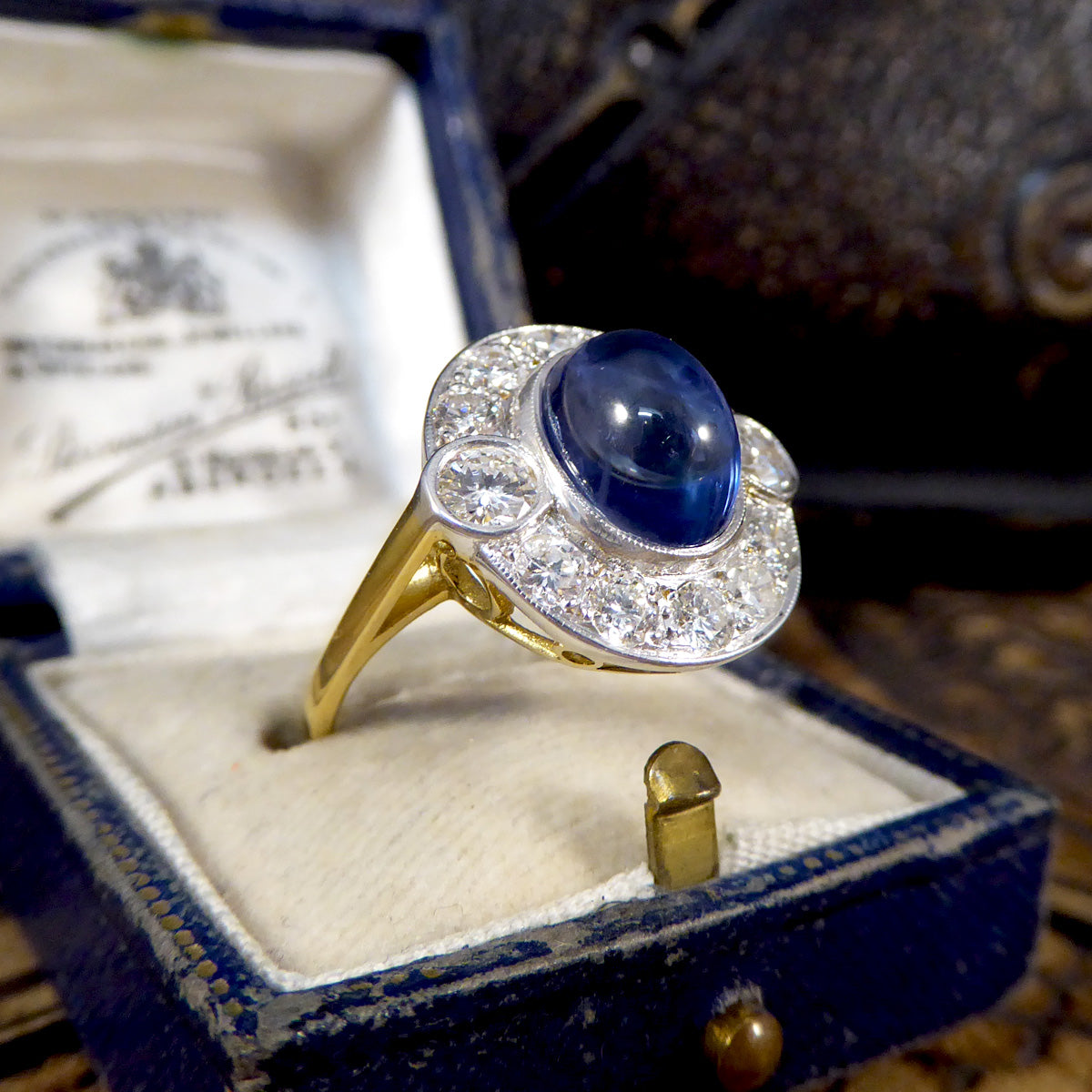 Cabochon Cut Sapphire and Diamond Cluster Ring in 18ct Gold - Wharfedale Antiques
