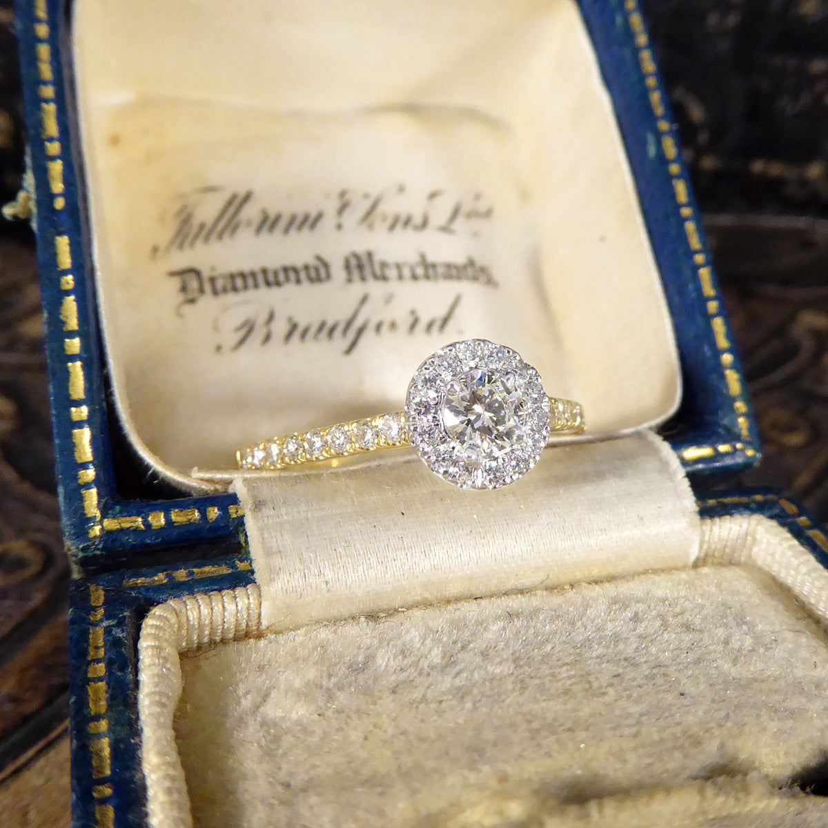 Diamond Cluster Halo Engagement Wedfit Ring with Diamond Shoulders in 18ct Yellow and White Gold - Wharfedale Antiques