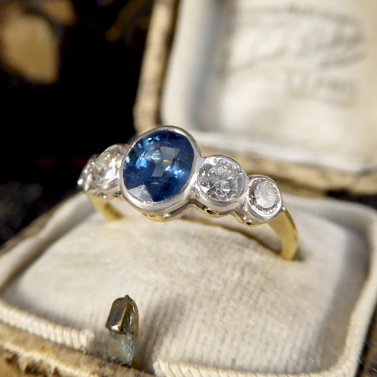 Edwardian Sapphire and Diamond Bezel Set Five Stone Ring in 18ct White and Yellow Gold - Wharfedale Antiques