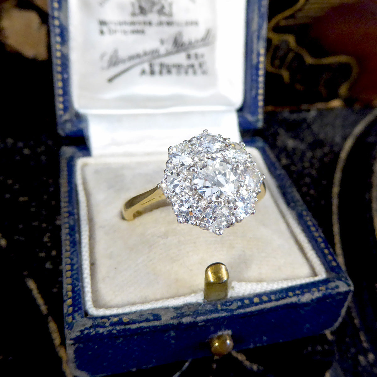 Edwardian Style 1.85ct Old Cut Diamond Daisy Cluster Ring in 18ct Yellow Gold - Wharfedale Antiques