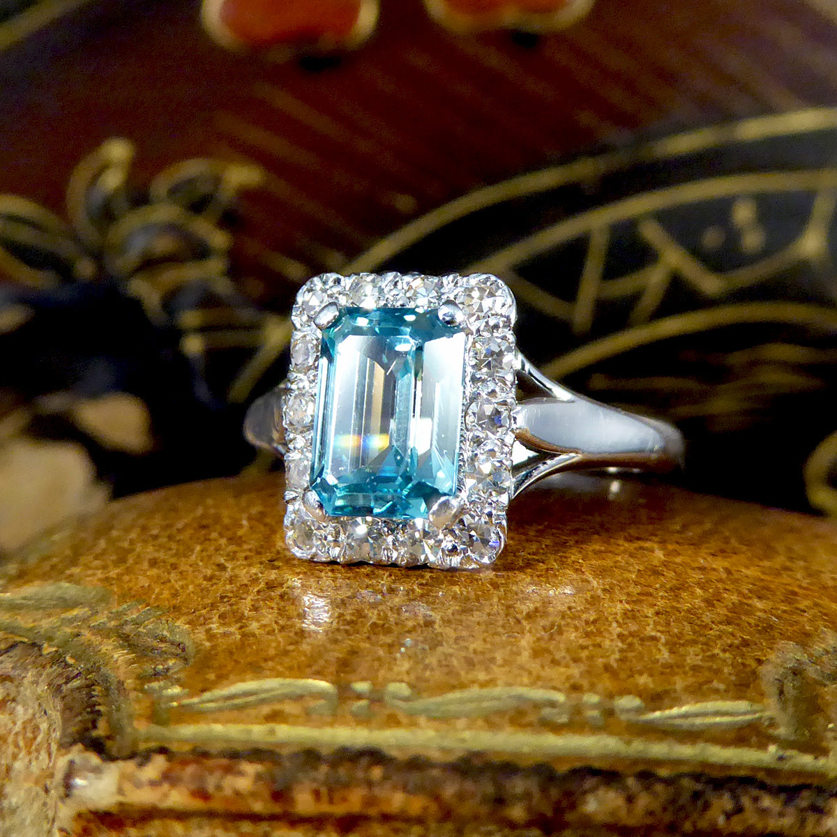 Blue Zircon and Diamond Cluster ring in 18ct White Gold and Platinum - Wharfedale Antiques