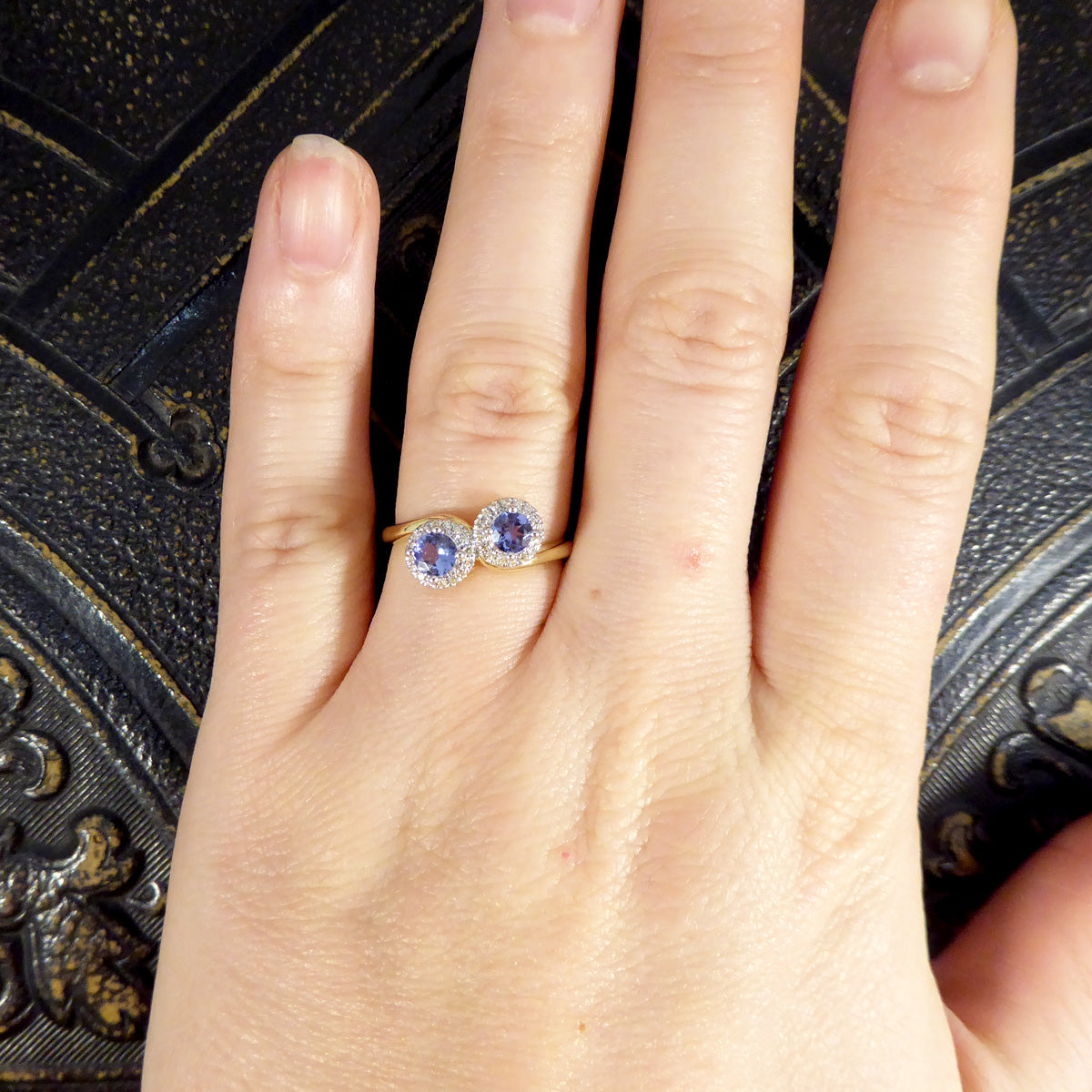 Edwardian Style Tanzanite and Diamond Cluster Toi Et Moi Twist Ring in Yellow and White Gold - Wharfedale Antiques