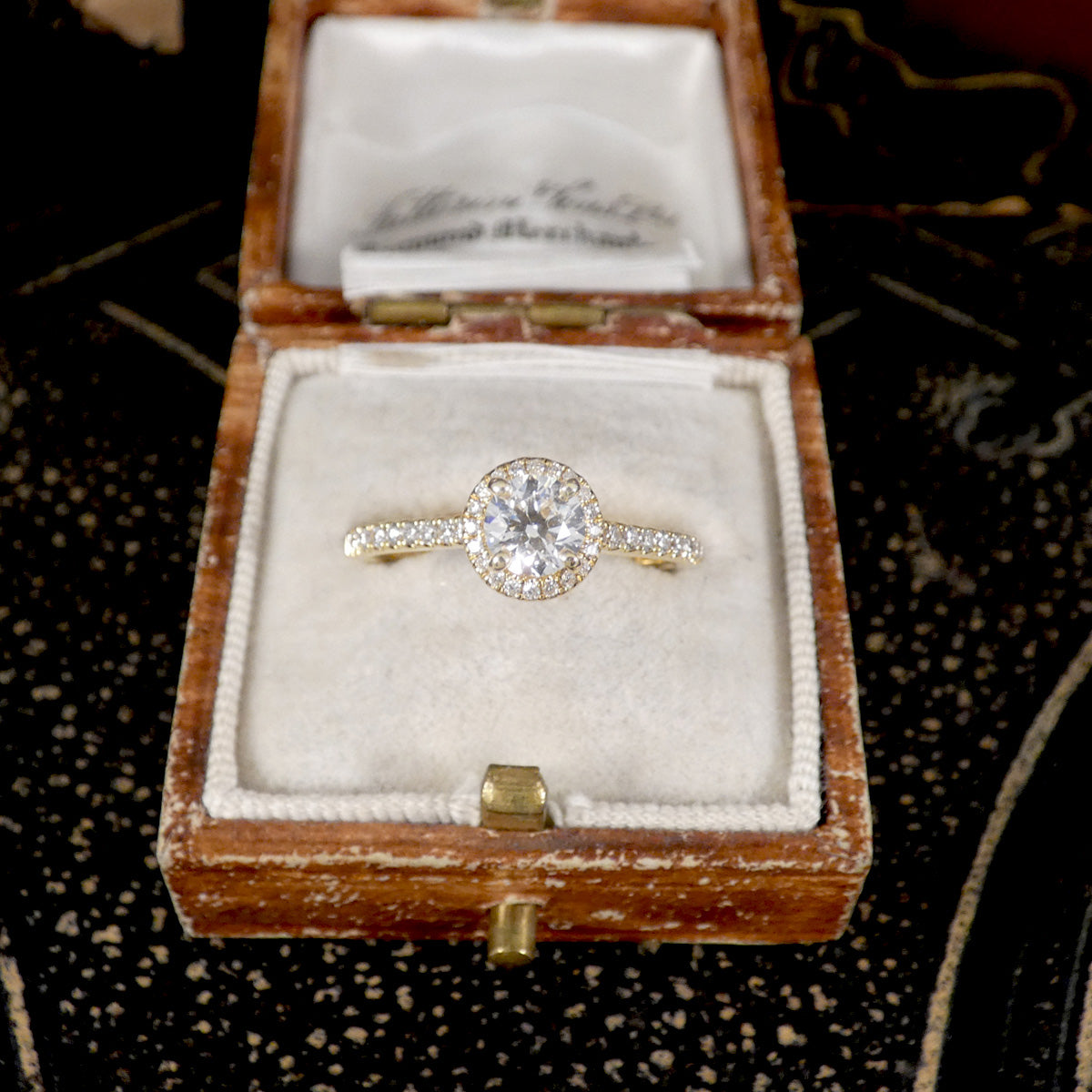 GIA Cert D Colour Diamond Halo Cluster Engagement Ring with Diamond Shoulders in 18ct Yellow Gold. Perfect engagement ring shown in a vintage box.