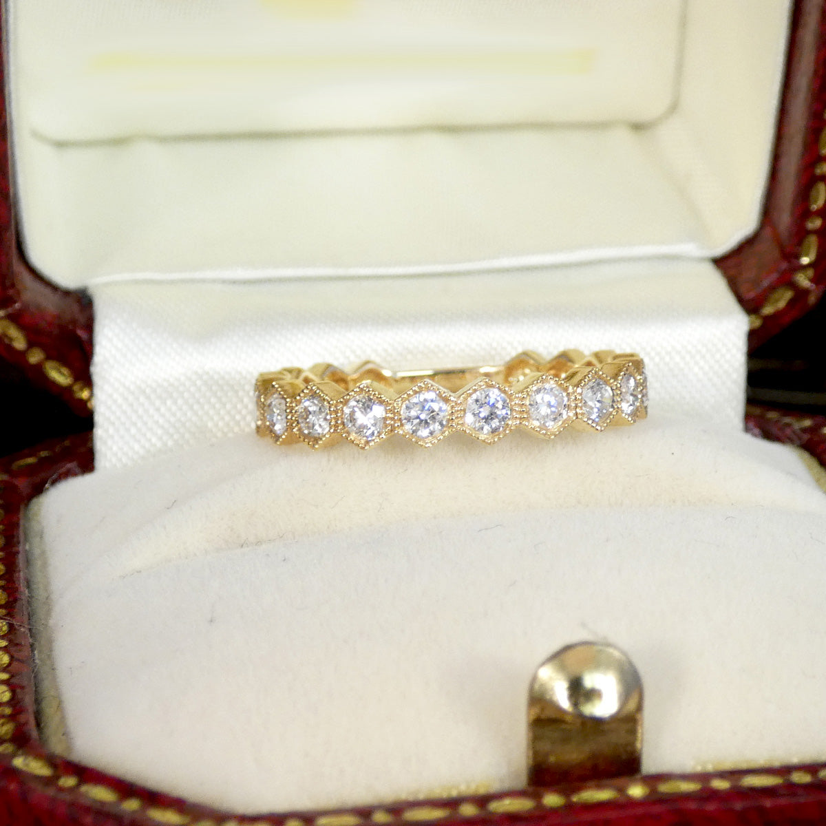 Honeycomb Diamond Half Eternity Ring in 18ct Yellow Gold in a vinatge cream box